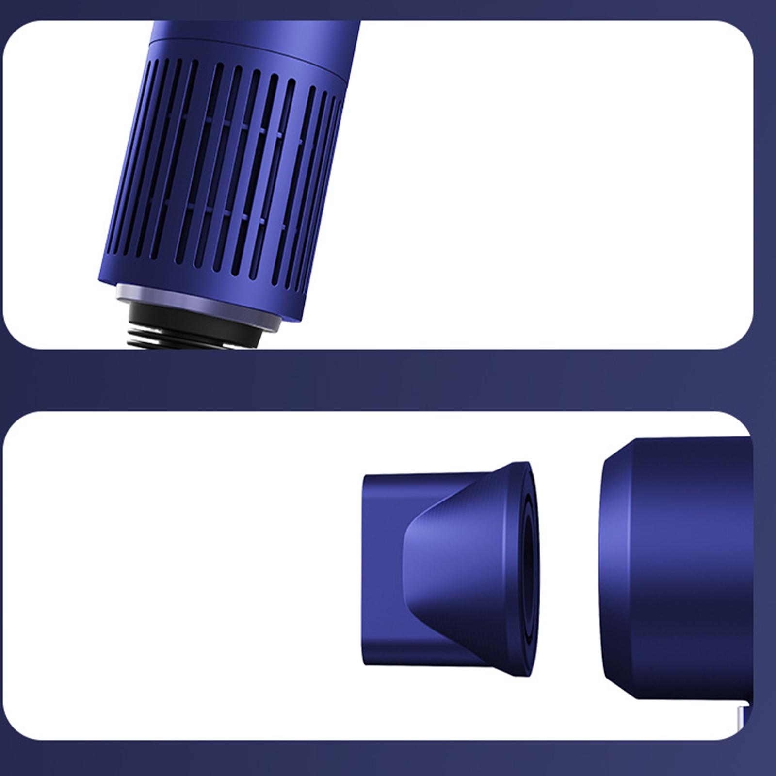 Nahaufnahme eines Haartrockners. Der untere Teil des Trockners ist blau, mit einem Filter und Aufsätzen.