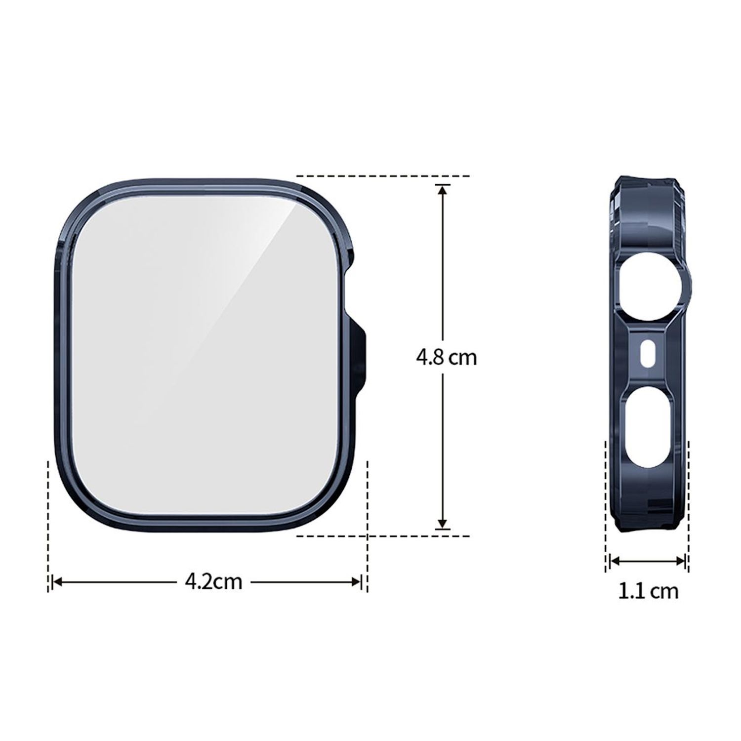 Custodia per smartwatch con dimensioni indicate. La custodia è quadrata con schermo trasparente.