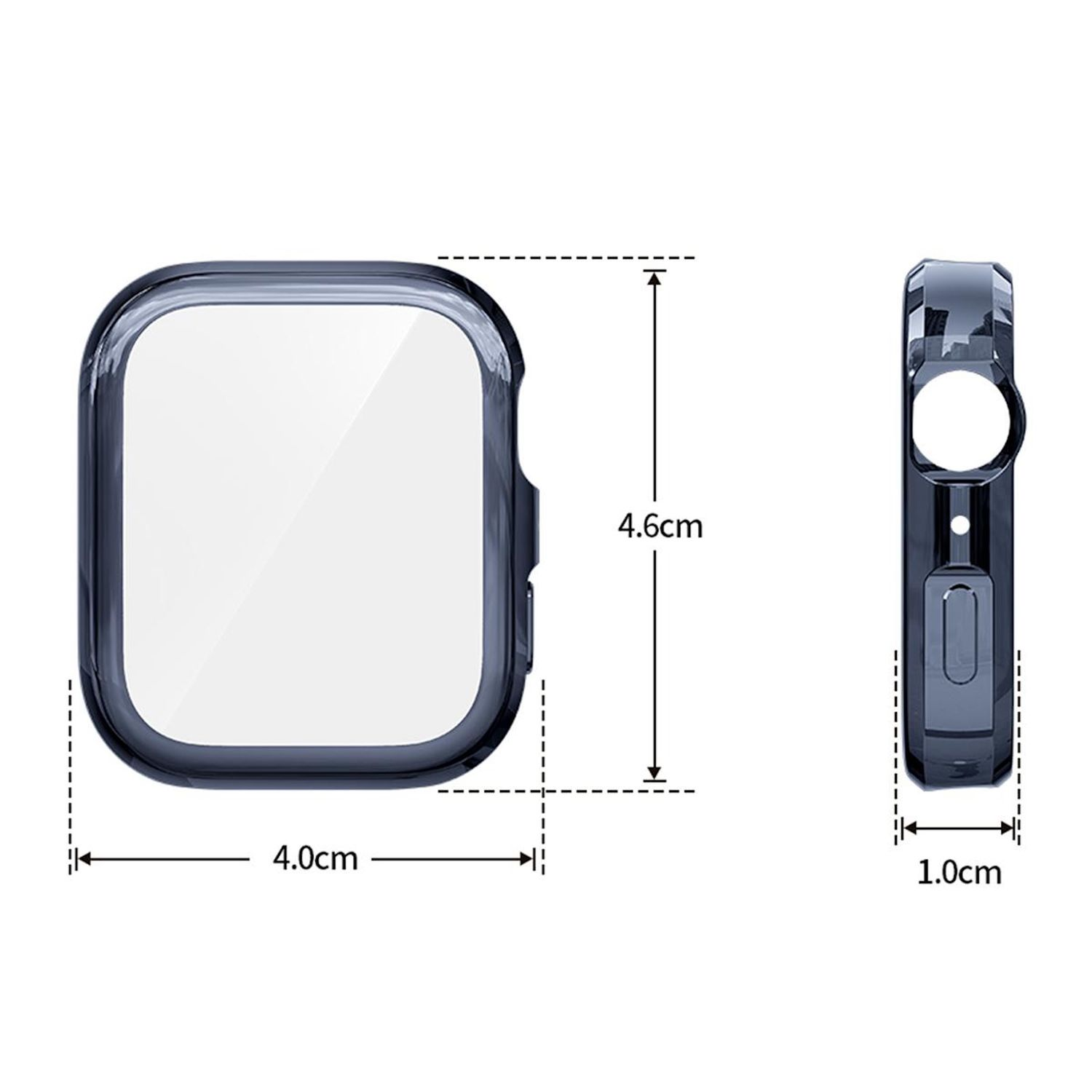 Custodia per smartwatch. Custodia blu, schermo trasparente, vista laterale con dimensioni.