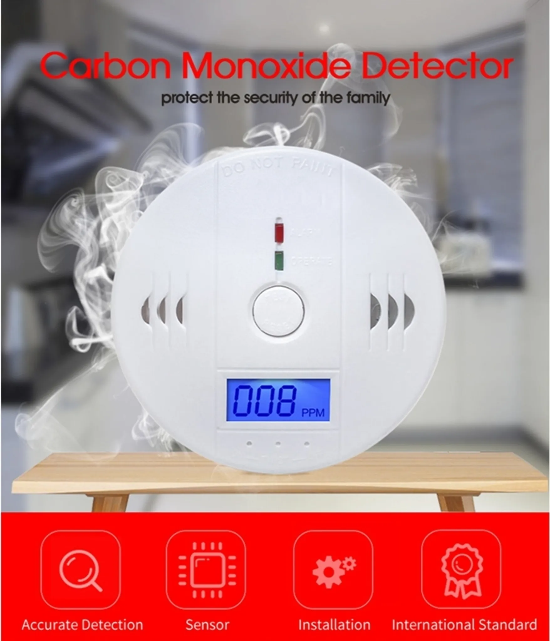 Kohlenmonoxid-Detektor auf einem Tisch mit Symbolen: Erkennung, Sensor, Installation, Standard.