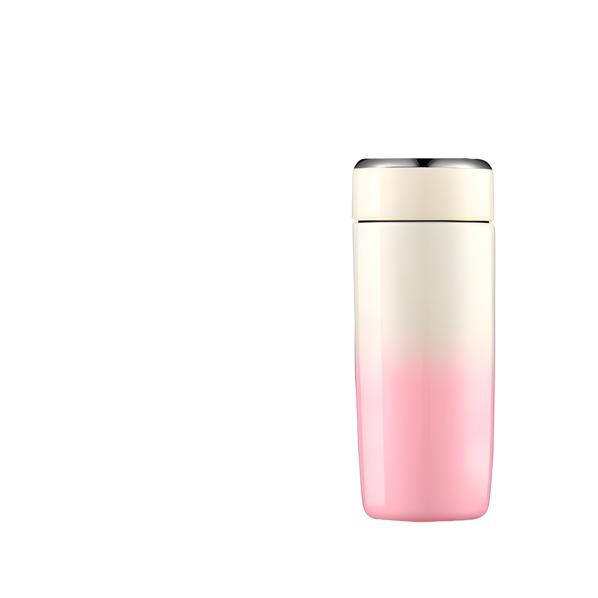 Weiß-rosa Farbverlauf-Becher. Er hat einen schwarzen Deckel. Der Hintergrund ist weiß.