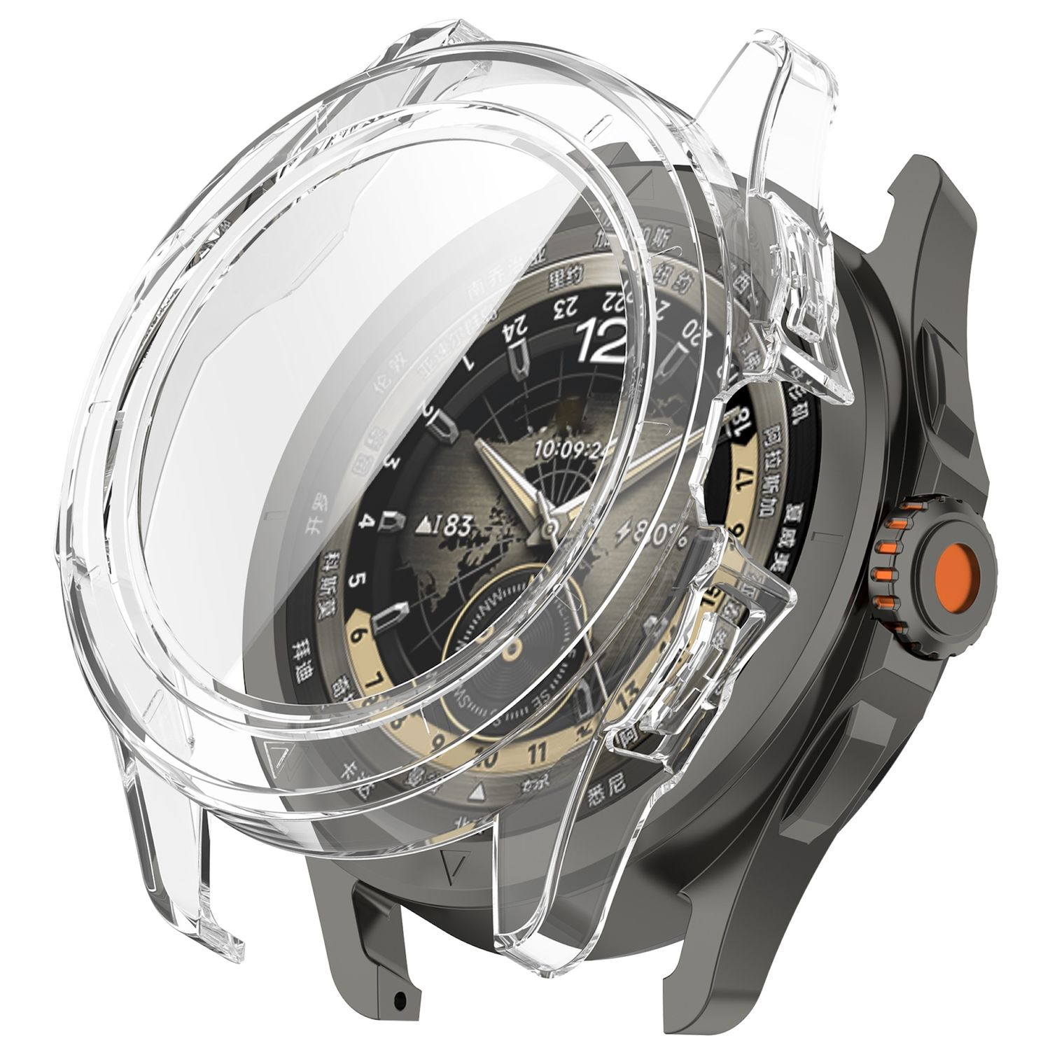 Orologio argentato con copertura protettiva trasparente. Mostra ora e dati. Pulsante arancione visibile.