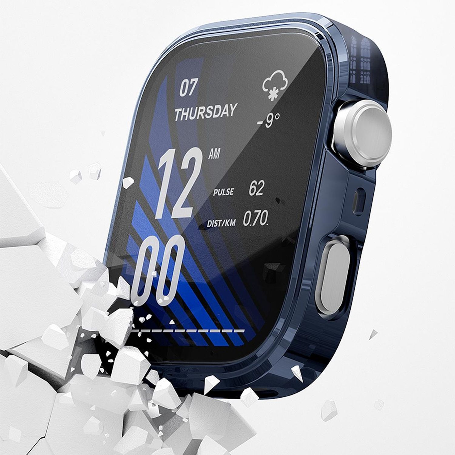 Uno schermo di smartwatch che mostra l'ora, la data e il meteo, con un dito che tocca lo schermo in mezzo a detriti bianchi.