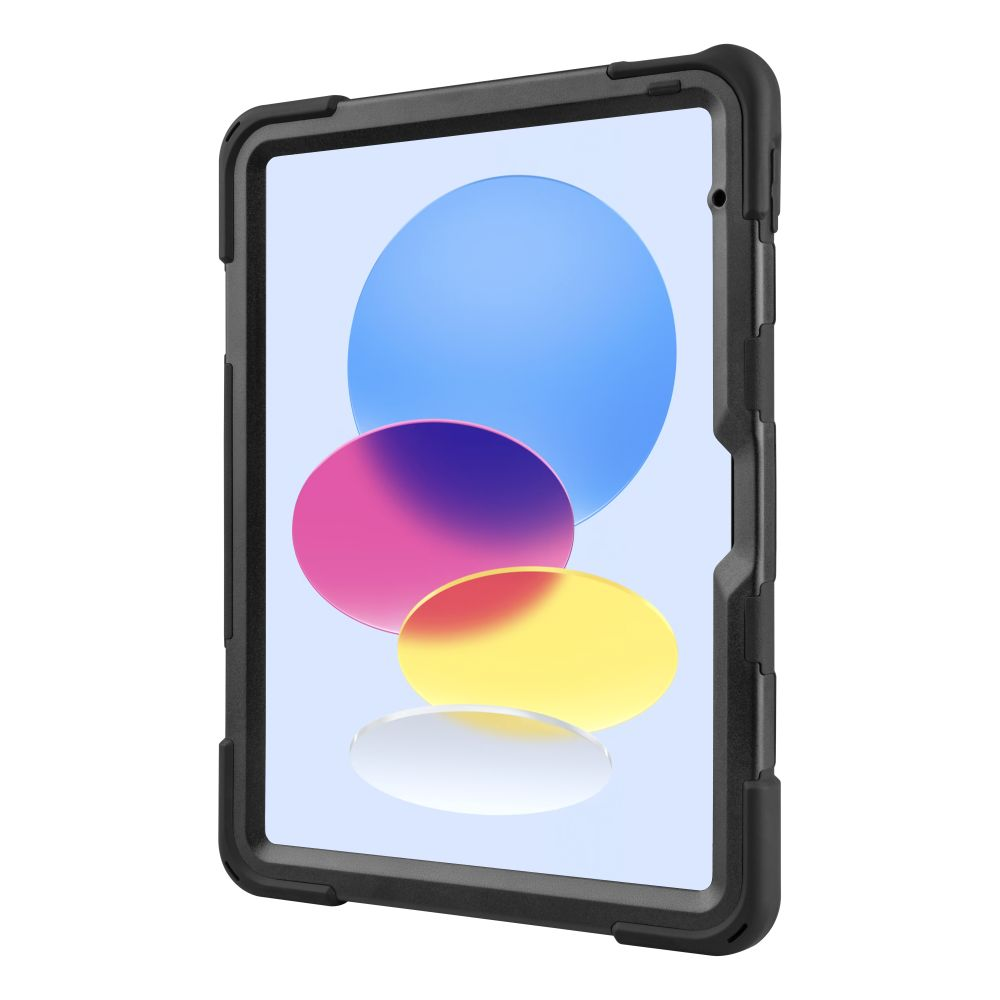 Ein Tablet in einem schwarzen Gehäuse. Der Bildschirm zeigt einen bunten Hintergrund. Das Gehäuse hat einen Schutzstoßfänger.