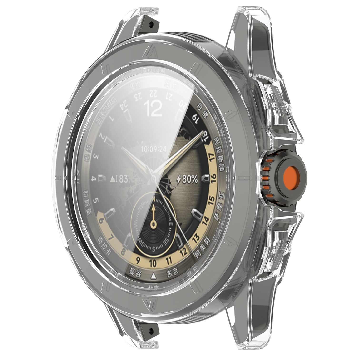 Orologio argentato con copertura trasparente. Mostra ora e dati. Pulsante arancione.