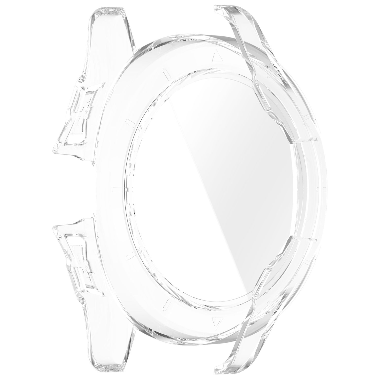Una custodia trasparente per orologio. Ha uno schermo trasparente e un bordo rosa.