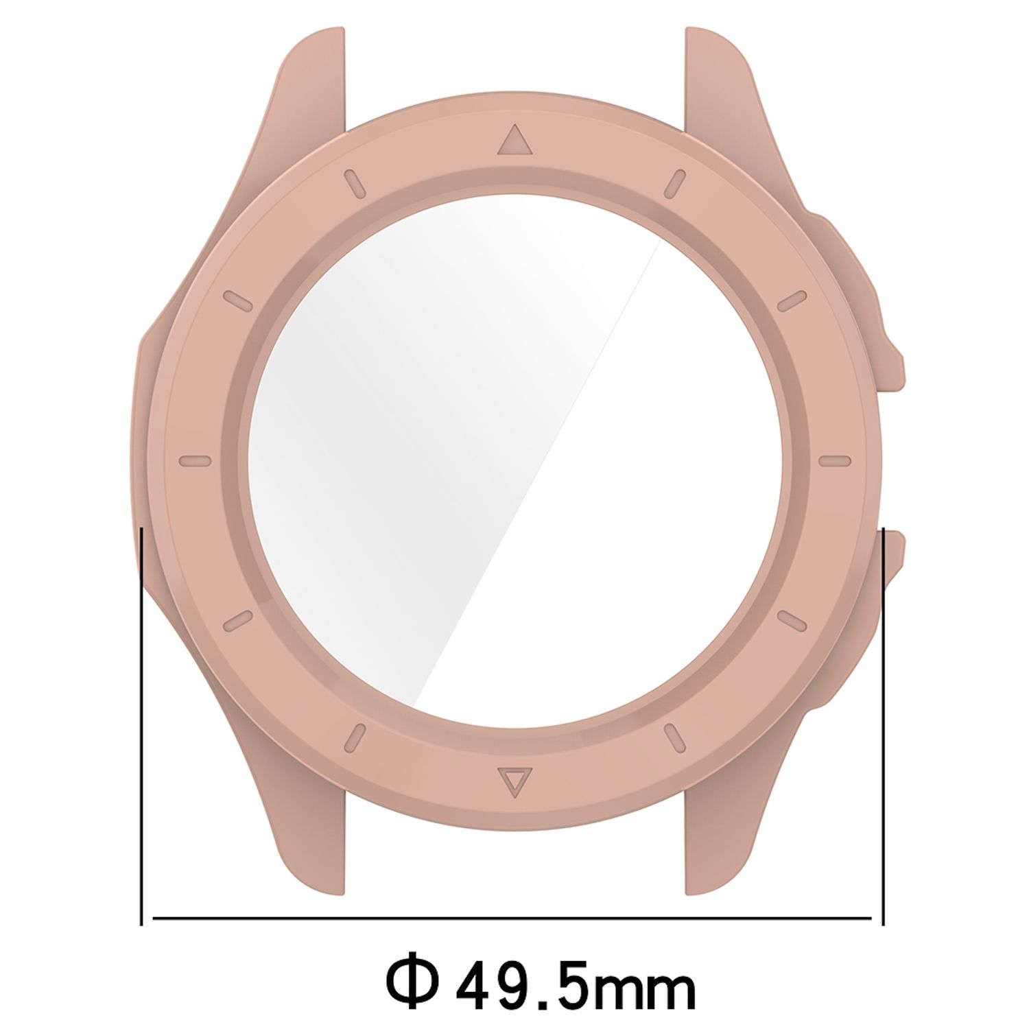 Cassa dell'orologio rosa chiaro con apertura circolare. Diametro 49,5 mm. Design semplice.