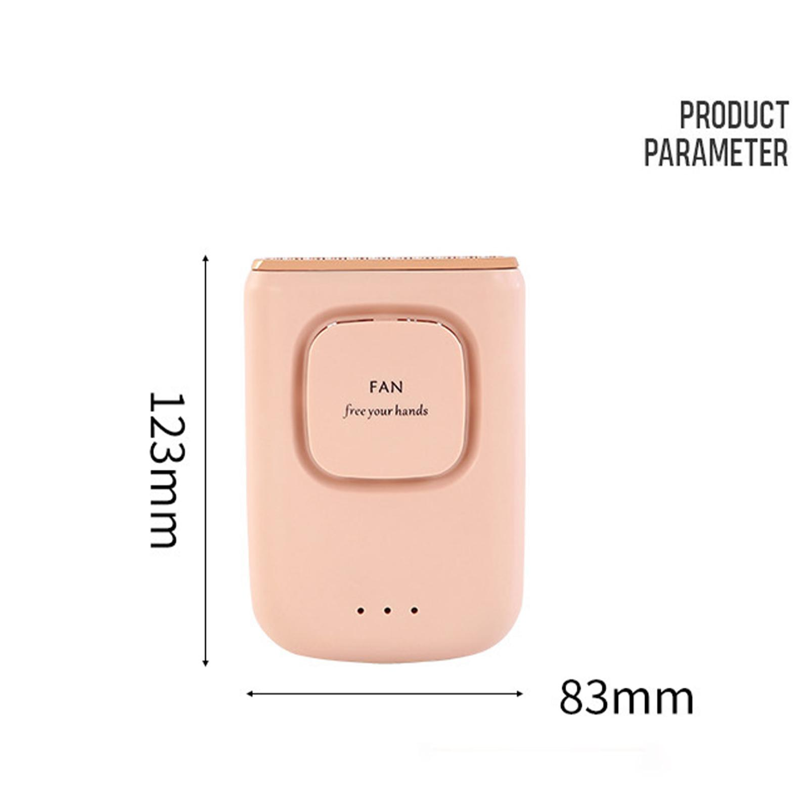Abmessungen des pinkfarbenen Nackenfächers. Text: FAN befreien Sie Ihre Hände. Der Lüfter ist 123mm x 83mm groß.