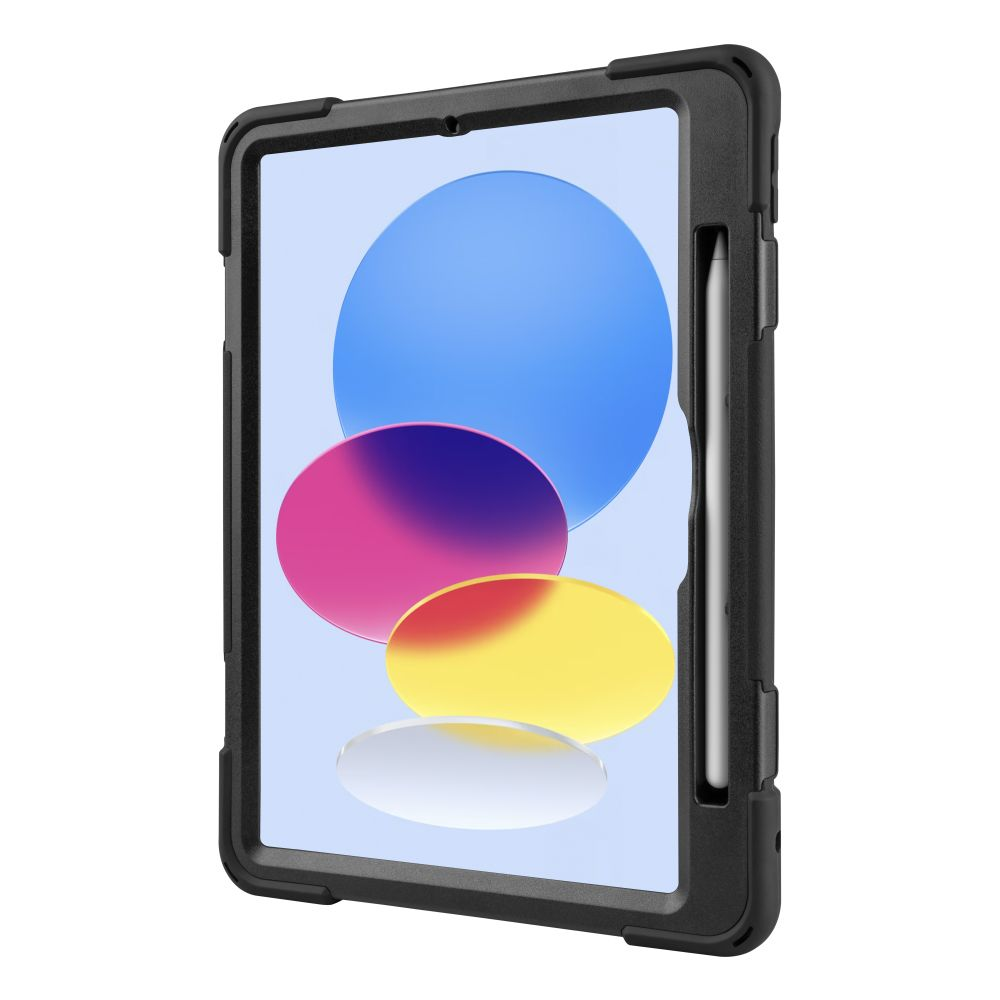 Tablet in schwarzem Gehäuse mit Stiftschacht und Stift. Der Bildschirm zeigt Grafik.