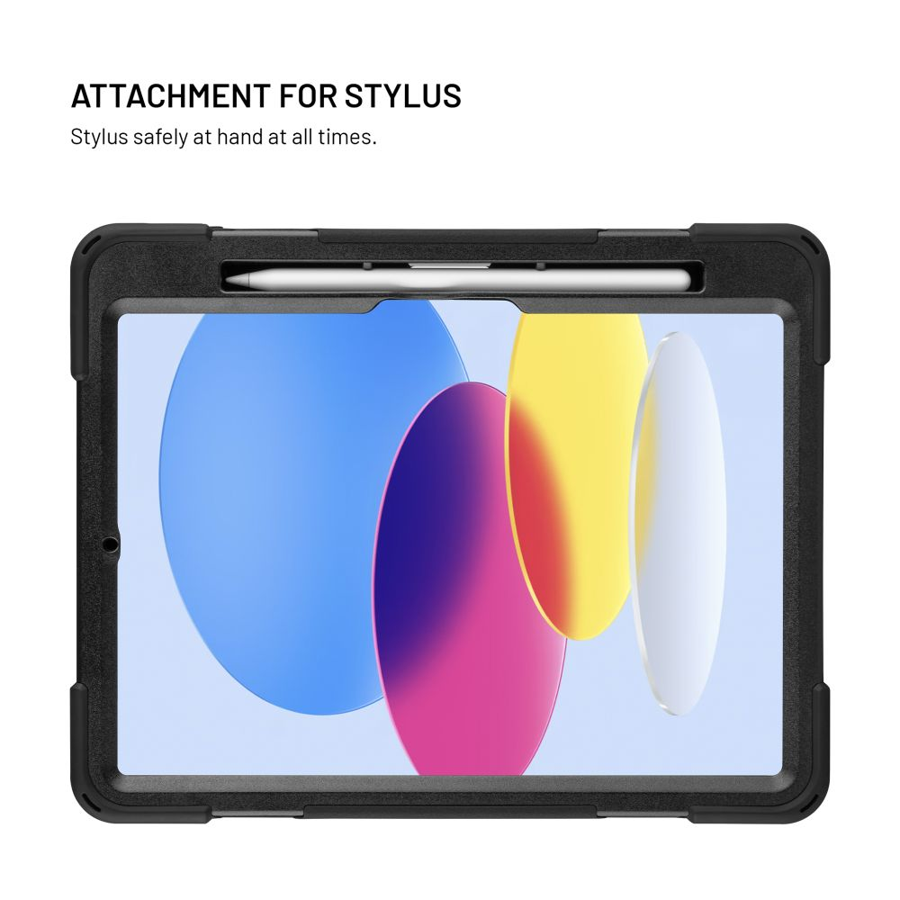 Tablet mit Hülle und Stift. Text: Aufsatz für den Stift, Stift jederzeit sicher zur Hand.