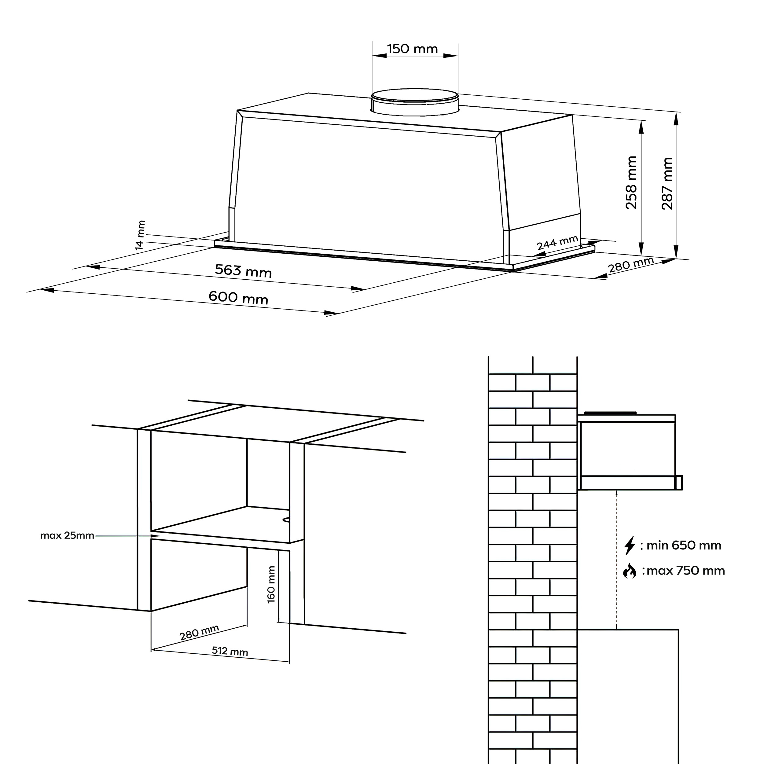 Diagramm einer Dunstabzugshaube mit Maßen und Installationsanweisungen.