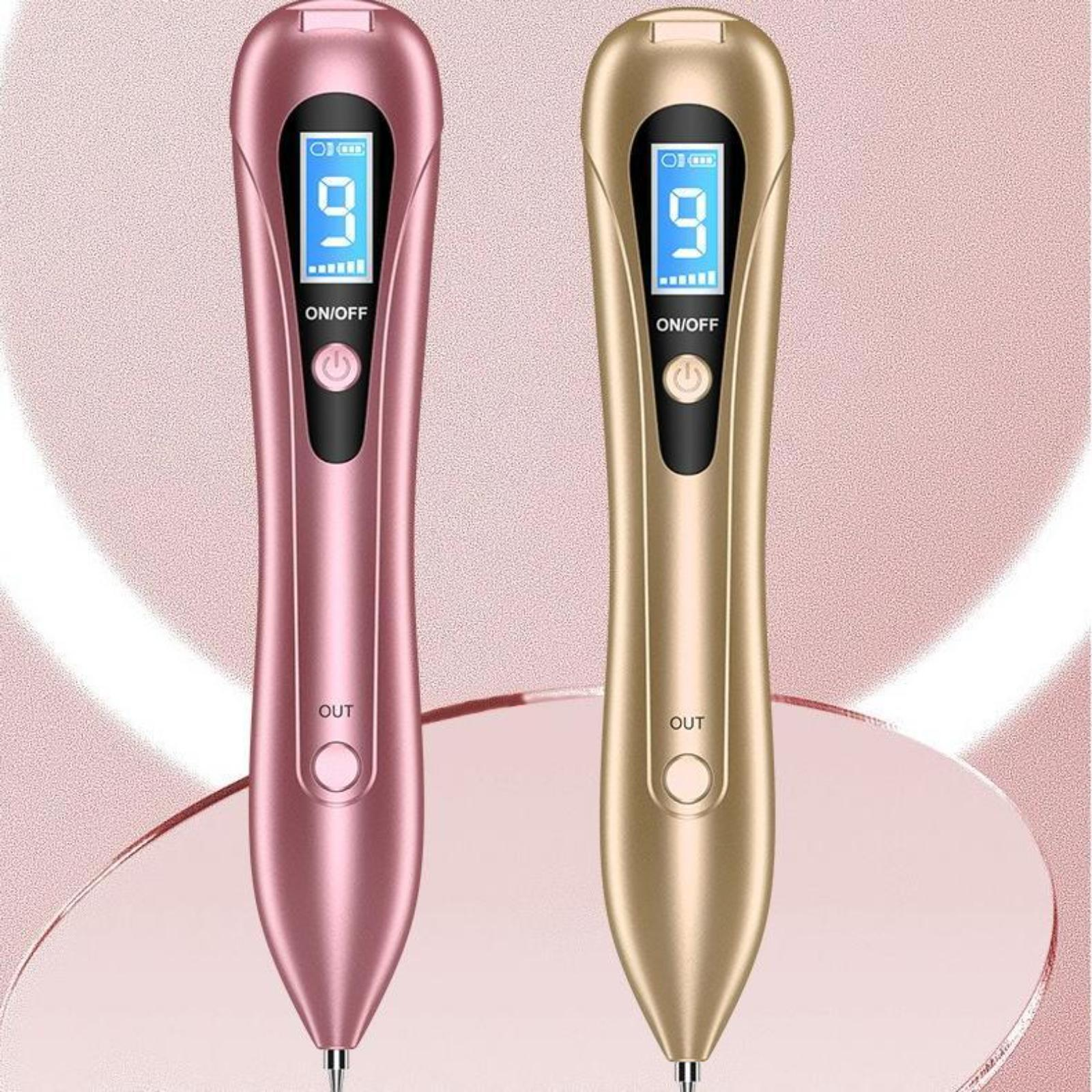 Zwei Hautanhänger-Entferner-Stifte, rosa und gold, mit Digitalanzeigen.