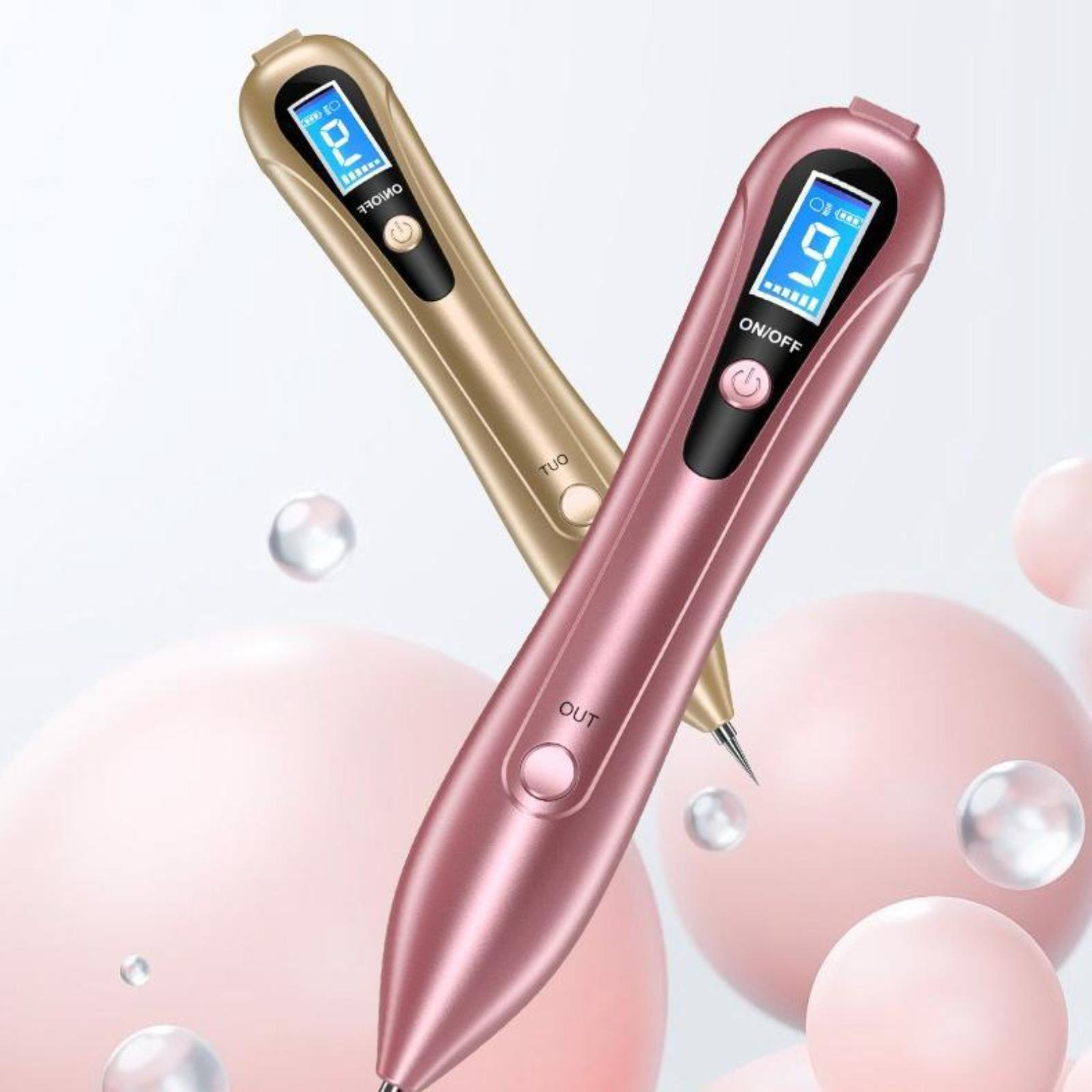 Zwei goldene und rosa Handgeräte mit Bildschirmen und Nadelspitzen auf pinkem Hintergrund.