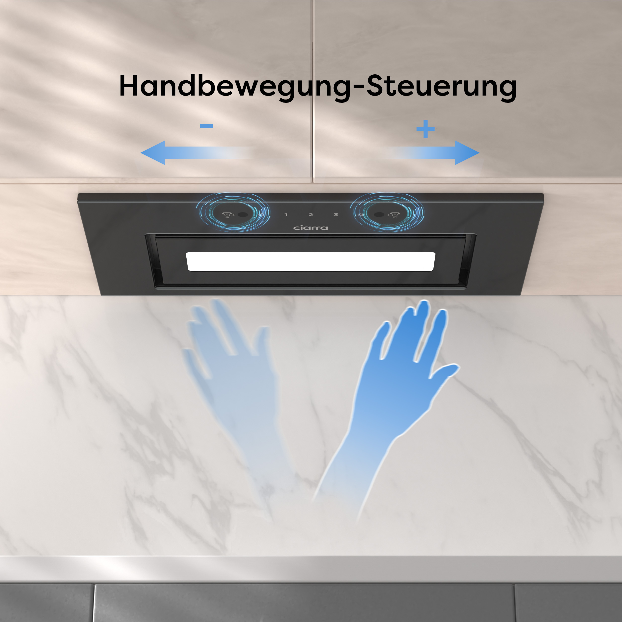 Schwarze Dunstabzugshaube mit Handgesten-Steuerungssymbolen und Pfeilen.
