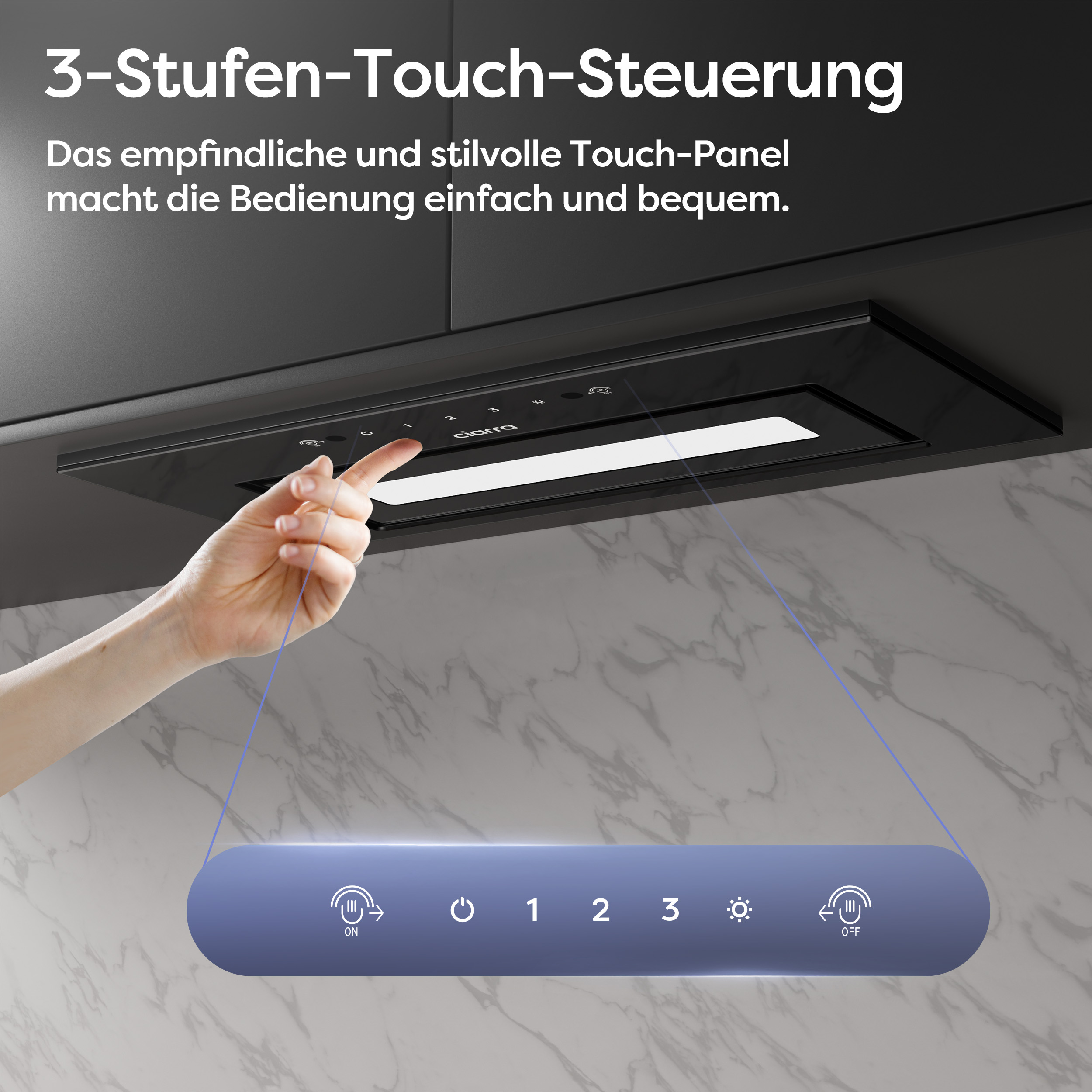Hand berührt Touch-Panel an schwarzer Dunstabzugshaube. Knöpfe sind sichtbar.