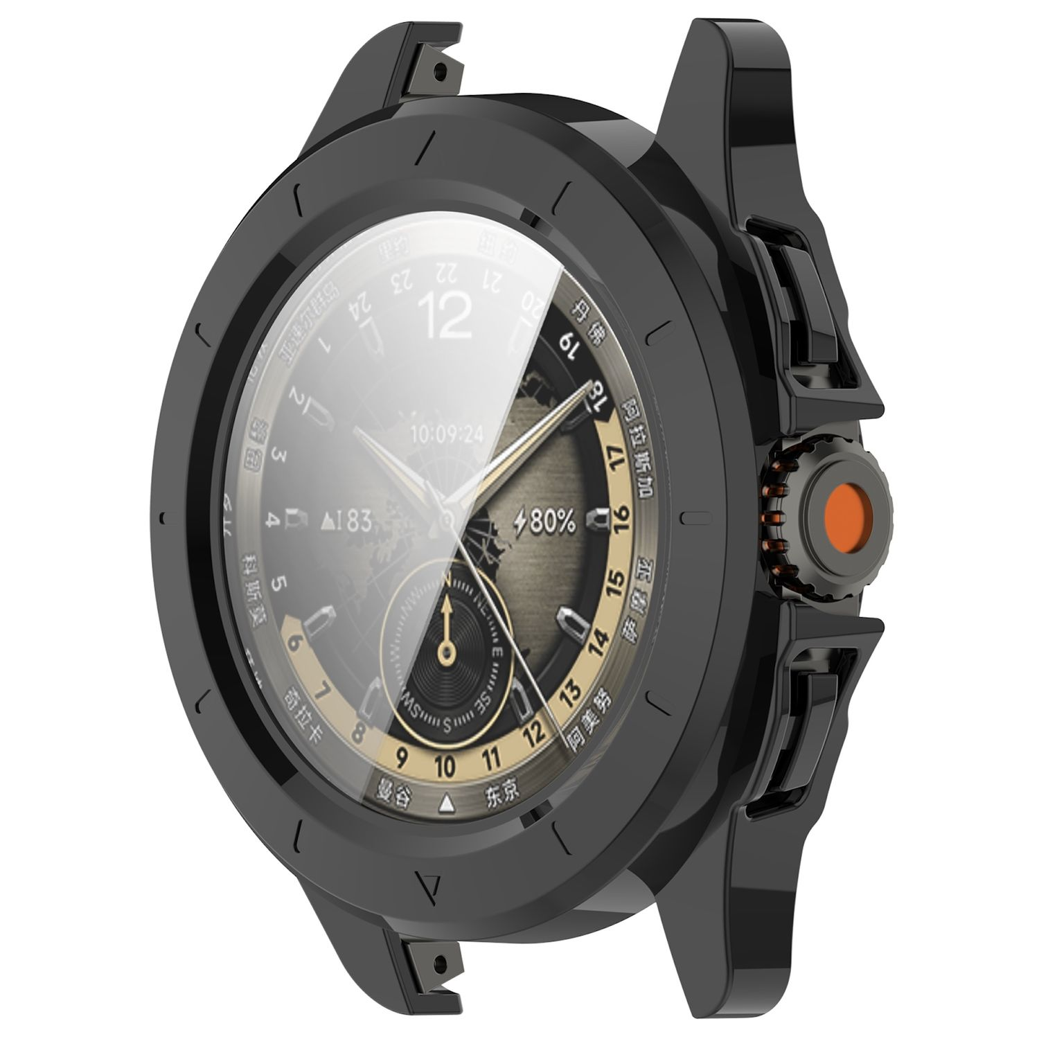 Schwarze Smartwatch mit rundem Zifferblatt. Die Uhr zeigt Zeit und andere Metriken an. Sie hat eine schwarze Lünette und orangefarbene Akzente.
