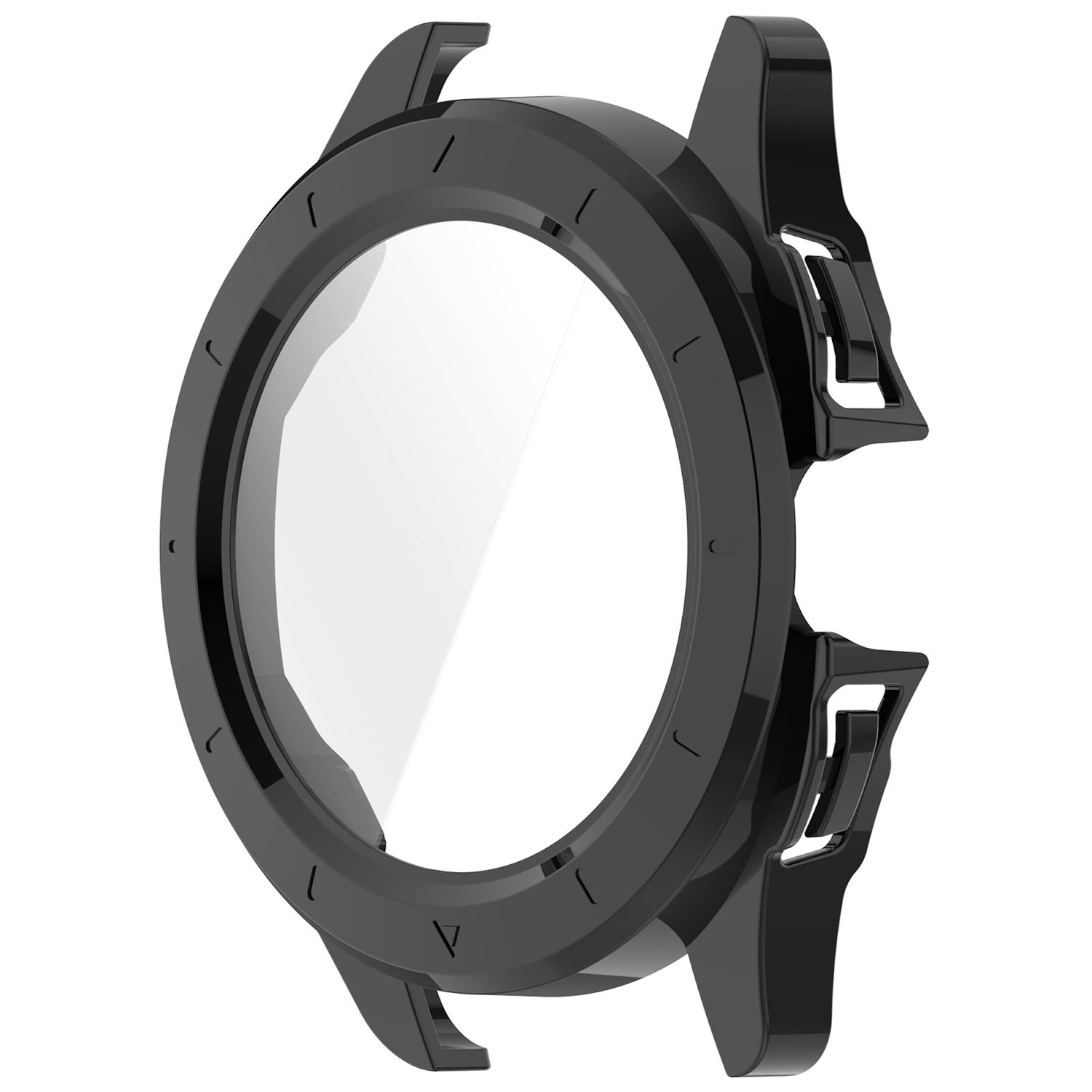 Schwarzes Uhrengehäuse mit transparentem Deckel, zeigt das Zifferblatt.