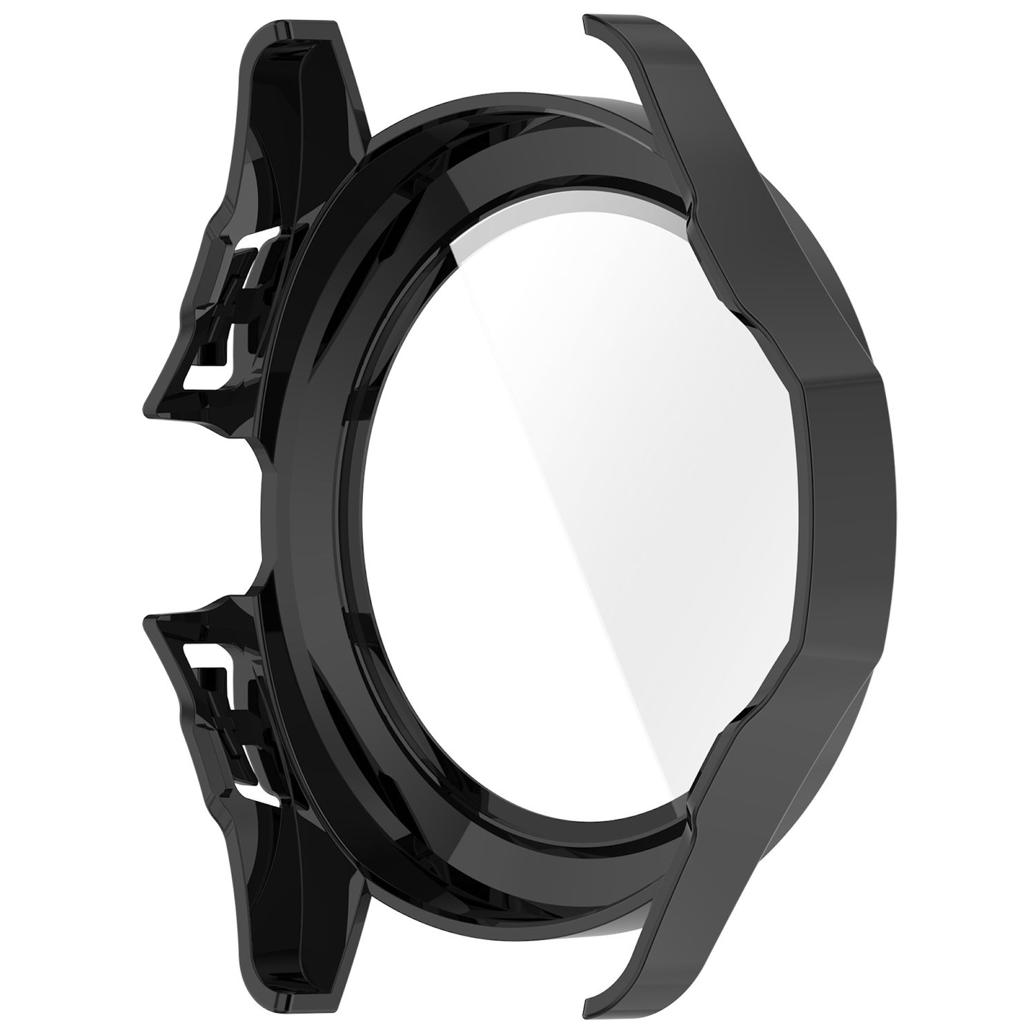 Schwarzes Uhrengehäuse mit transparentem Deckel, zeigt das Zifferblatt.