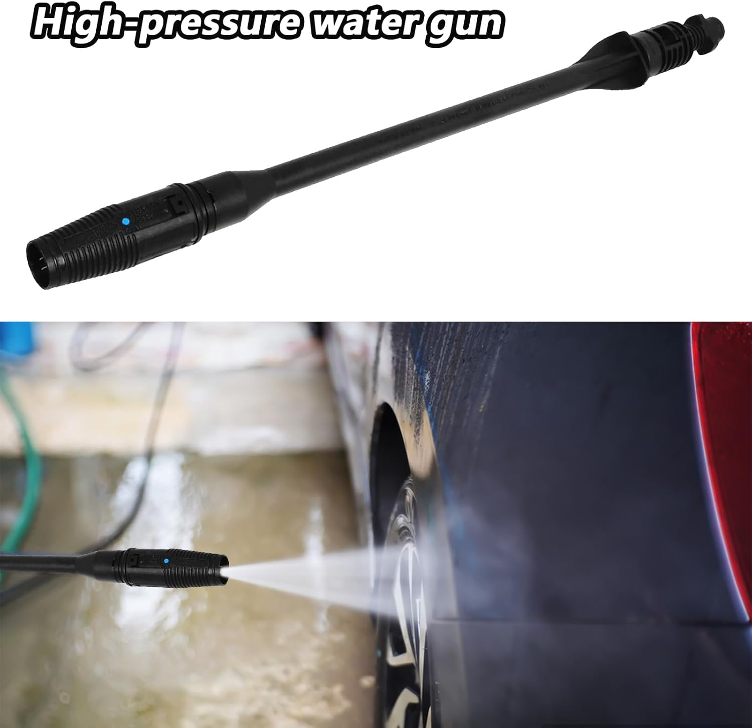 Eine schwarze Hochdruck-Wasserpistole, die Wasser spritzt. Sie ist gegen ein Auto und eine nasse Oberfläche gerichtet.