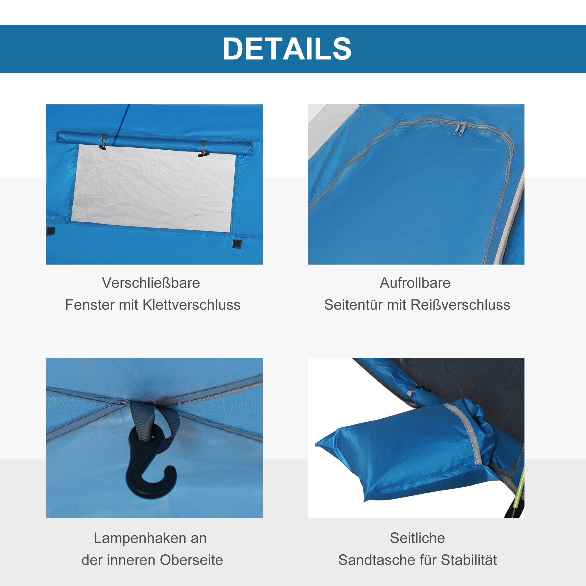 Nahaufnahmen der Merkmale eines blauen Zeltes: Fenster, Reißverschlusstür, Lampenhaken und Sandsack zur Stabilität.