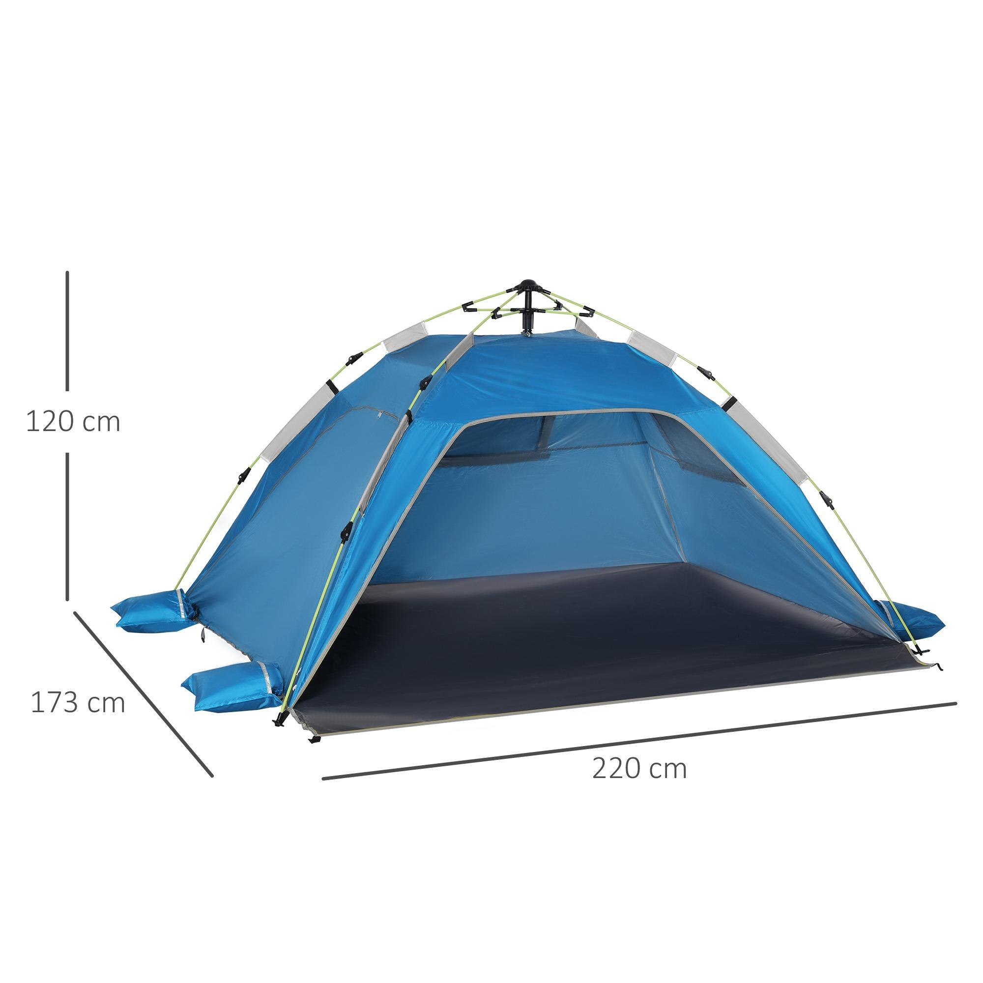 Ein blaues Zelt aufgebaut. Abmessungen sind beschriftet: 120 cm Höhe, 173 cm Breite und 220 cm Länge.