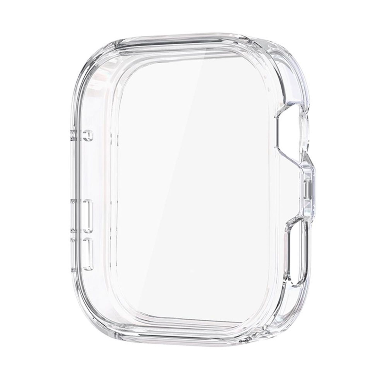 Una custodia protettiva trasparente per uno smartwatch. È trasparente e ha una forma rettangolare con angoli arrotondati.