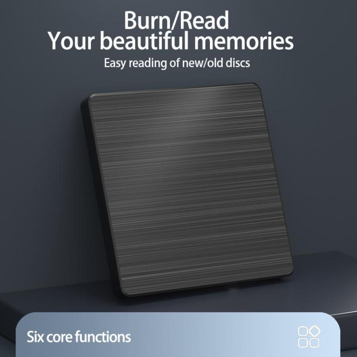 Schwarzes Gerät zum Brennen/Lesen von Discs. Text: Brennen/Lesen Sie Ihre schönen Erinnerungen. Dunkler Hintergrund.