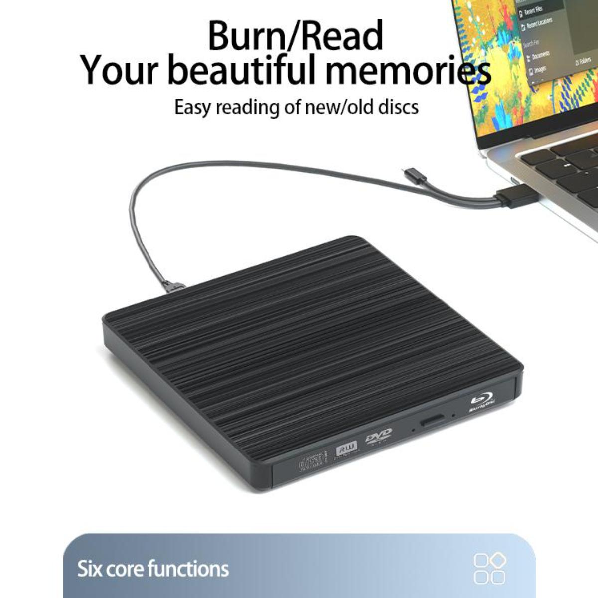 Schwarzes Gerät zum Brennen/Lesen von Discs, an einen Laptop angeschlossen. Text über das Lesen von Discs. Dunkler Hintergrund.