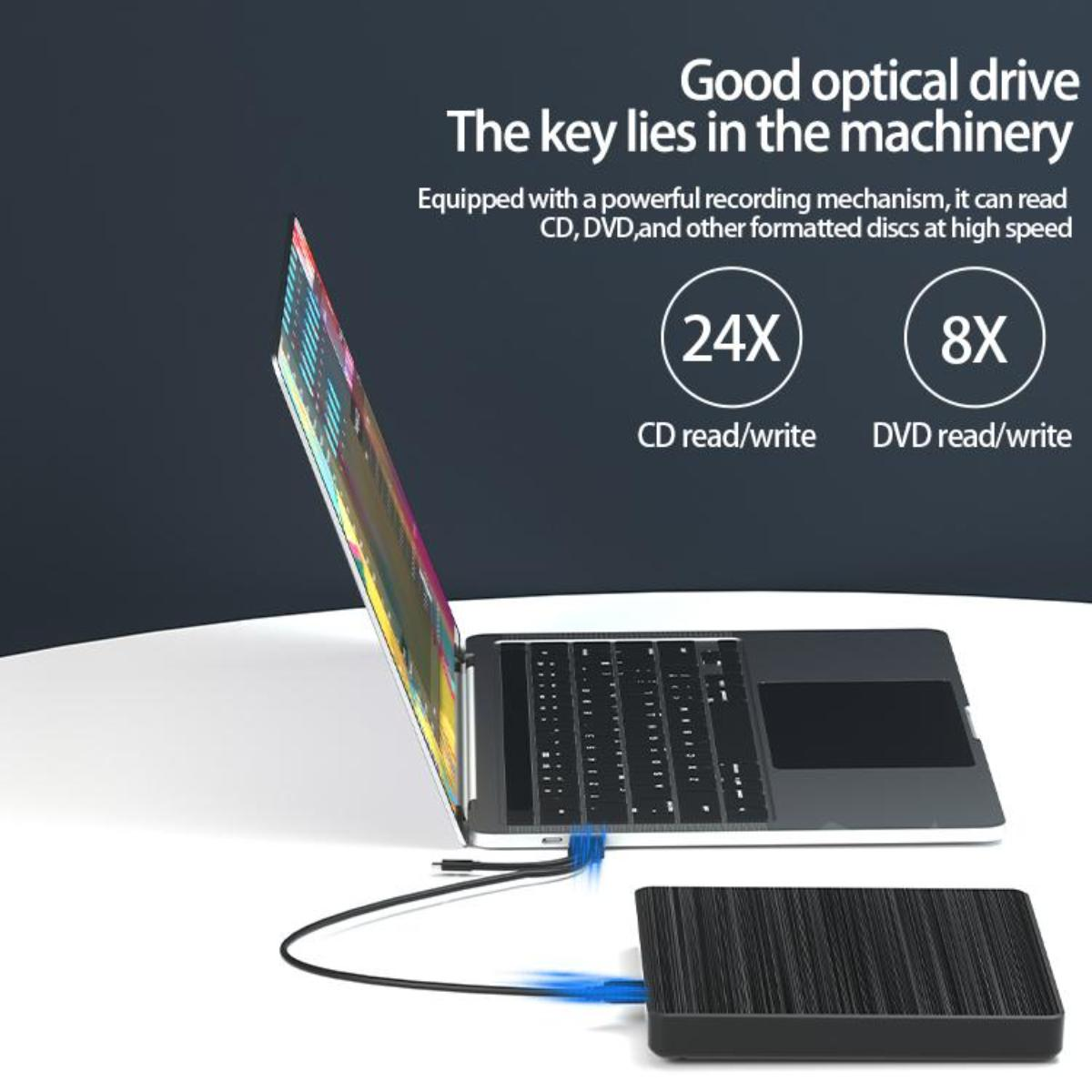 Laptop, der mit einem schwarzen Gerät verbunden ist. Text zeigt CD-Lesen/Schreiben mit 24X und DVD-Lesen/Schreiben mit 8X Geschwindigkeiten.