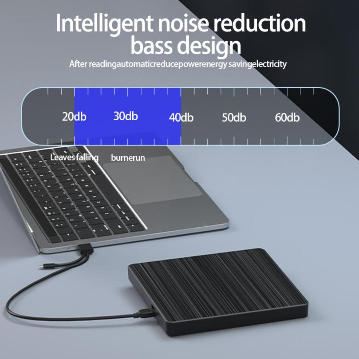 Laptop, verbunden mit einem schwarzen Gerät. Text weist auf intelligente Geräuschreduzierung mit Bassdesign hin.