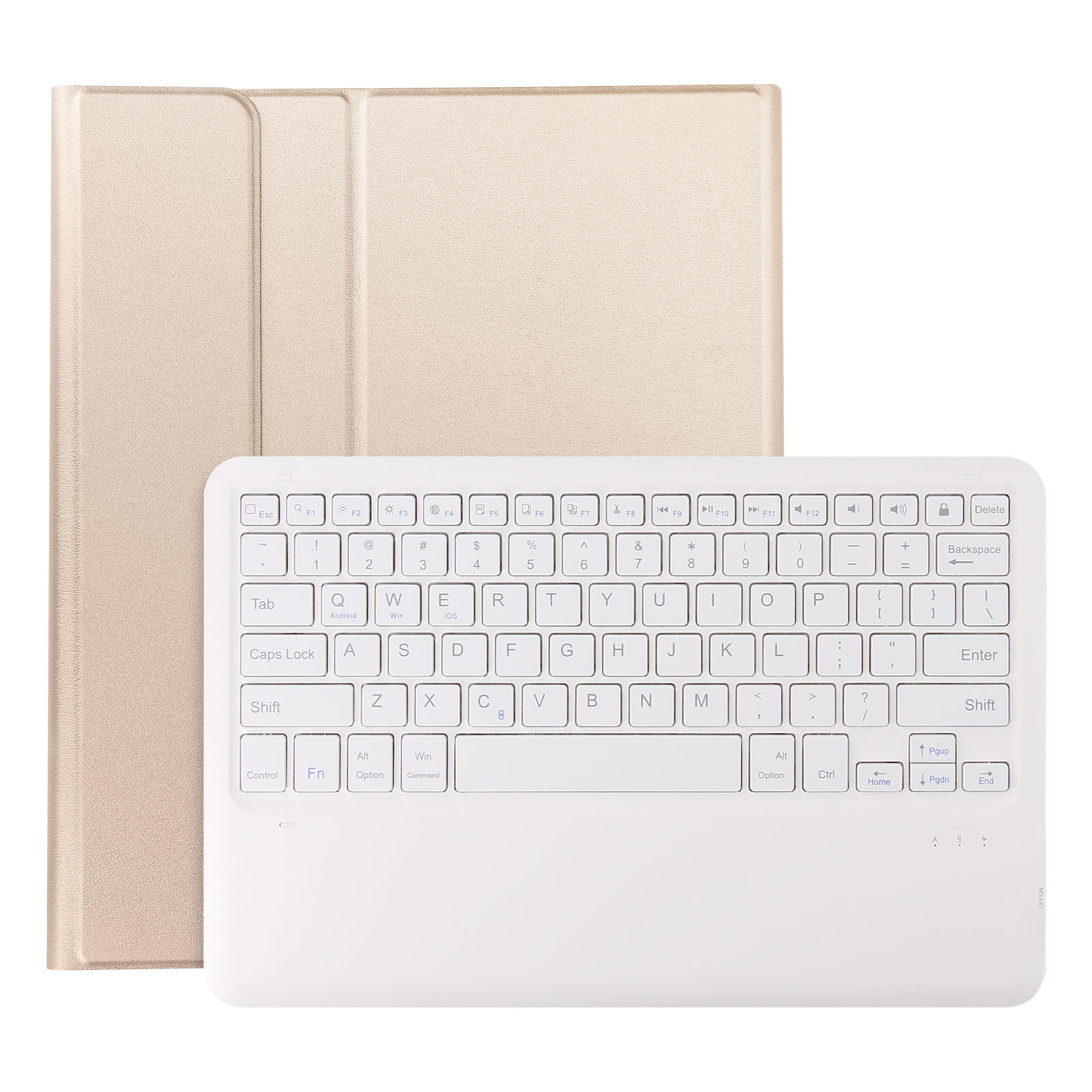 Weiße kabellose Tastatur mit goldener Abdeckung. Tasten sind weiß, mit schwarzer Beschriftung. Der Hintergrund ist weiß.