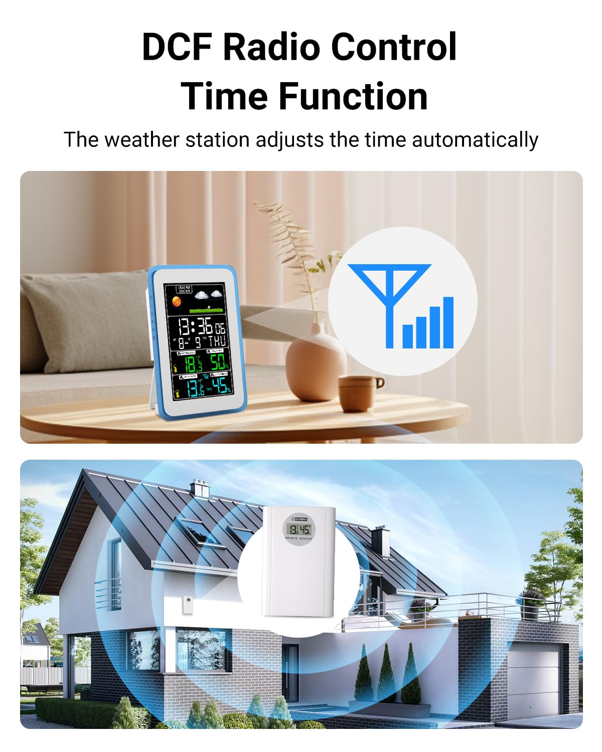 Eine Wetterstation auf einem Tisch, mit einem Haus und einem drahtlosen Sensor dargestellt.