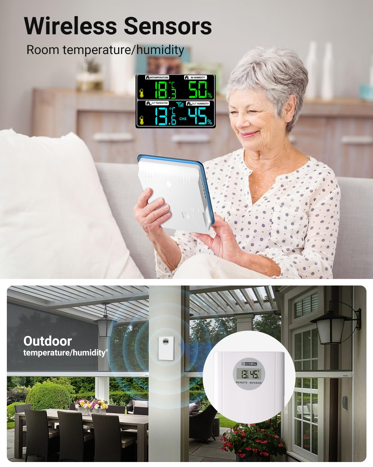 Eine Frau, die eine Wetterstation hält und lächelt, mit Bildern von Sensoren.
