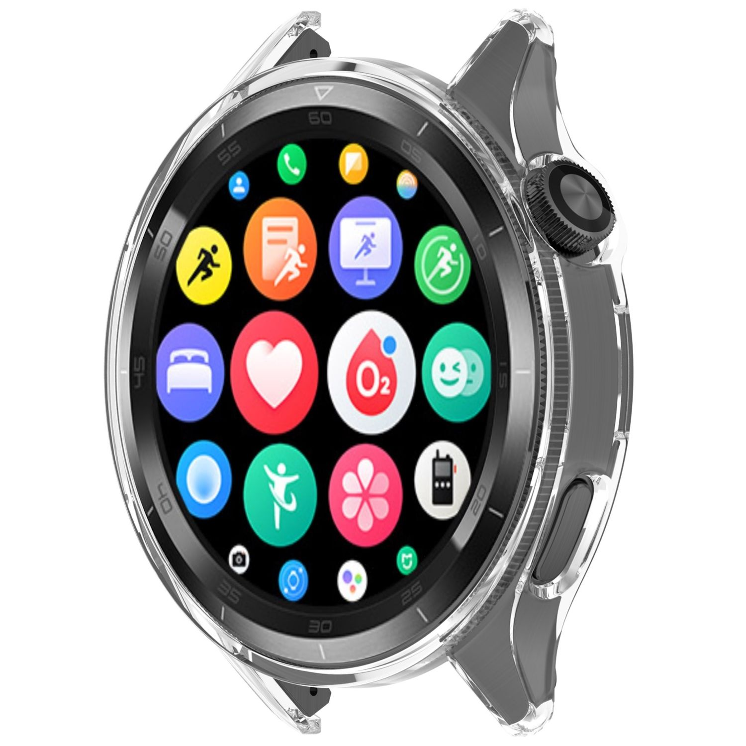 Smartwatch con custodia protettiva trasparente. L'orologio mostra le icone delle app sul quadrante.