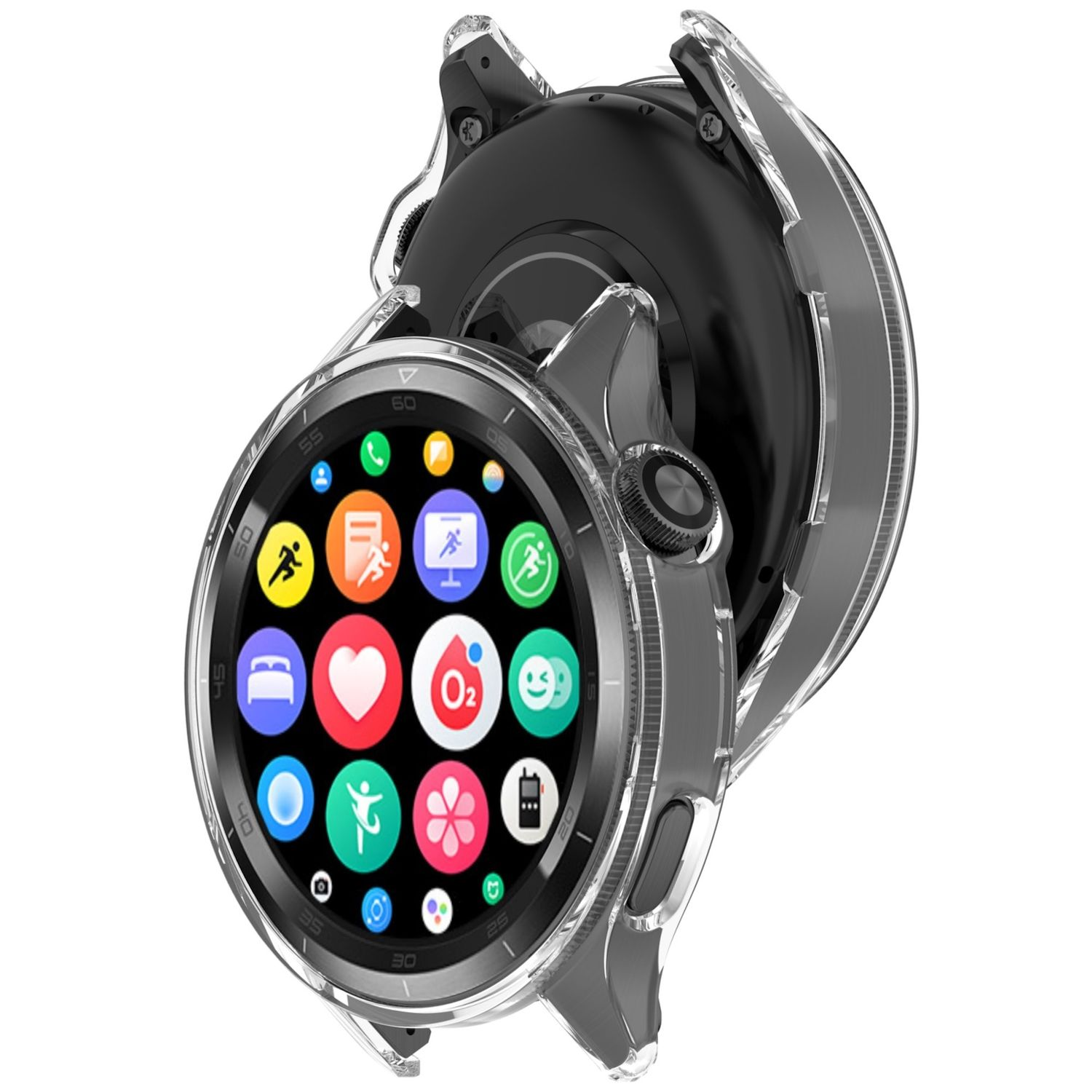Smartwatch con custodia protettiva trasparente, che mostra il quadrante con icone delle app. L'orologio è angolato.