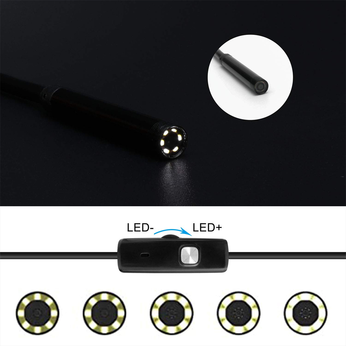 Endoskopspitze mit LED-Leuchten und Bedienfeld mit LED+ und LED-.