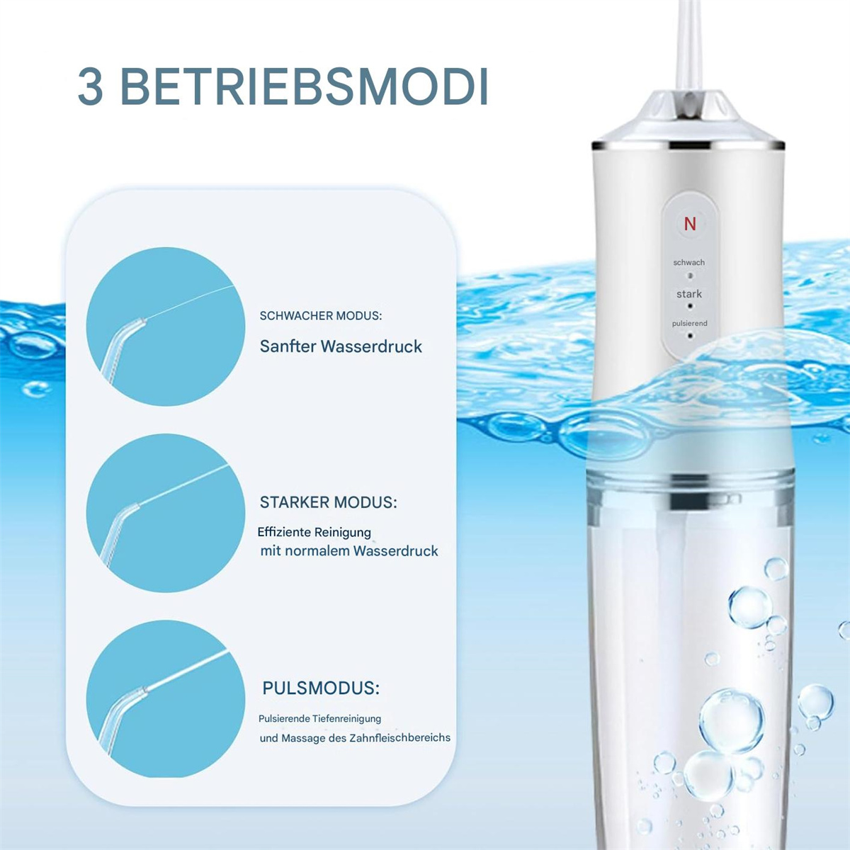 Diagramm eines Wasserflossers mit drei verschiedenen Modi: sanft, stark und Puls.