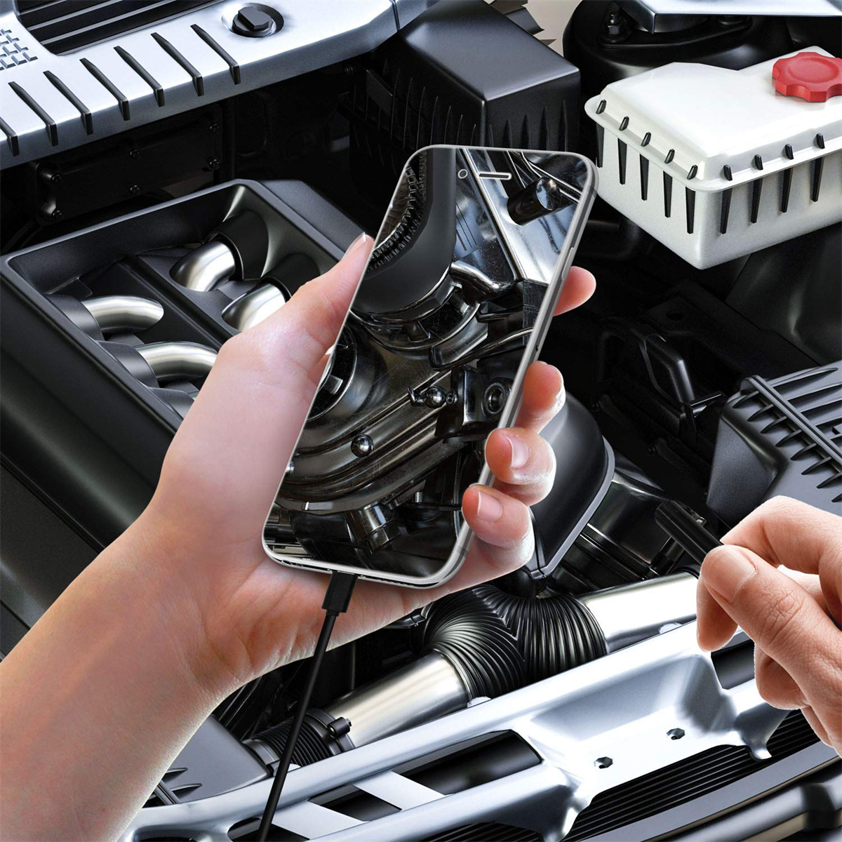 Hand hält ein Telefon mit einem Automotor, neben einem weißen Kunststoffbehälter.