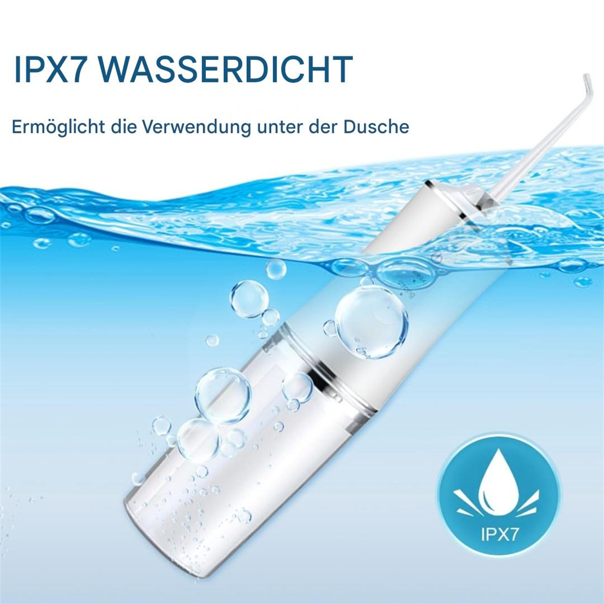 Weißer Munddusche mit Sprühspitze im Wasser, mit IPX7-Symbol.