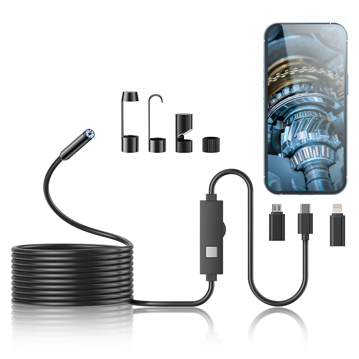 Endoskop mit Zubehör und Telefon, das Zahnräder, Anschlüsse und Ports anzeigt. Schwarzes Kabel und Werkzeuge.