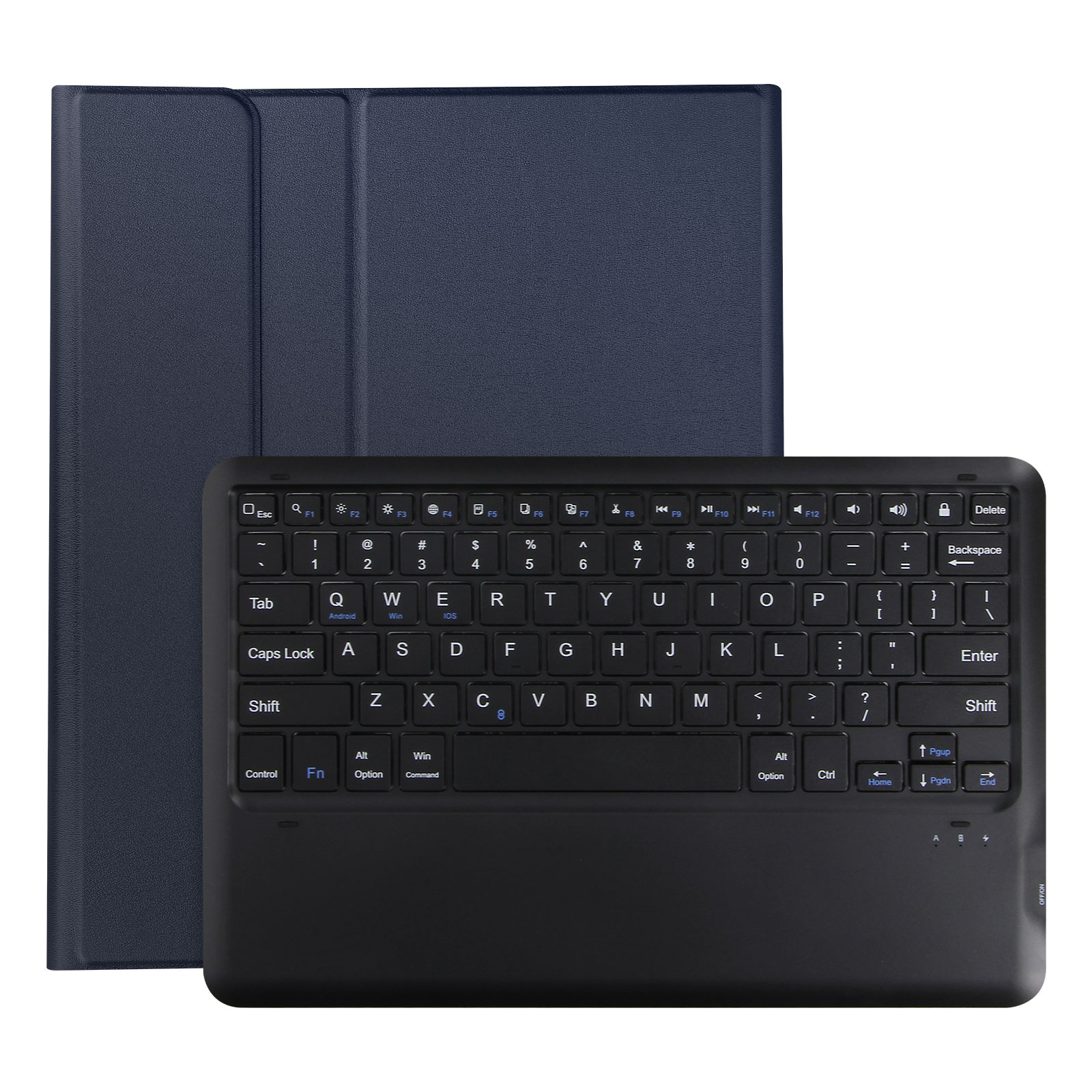 Schwarze Tablet-Tastatur mit dunkelblauer Hülle, auf weißem Hintergrund.