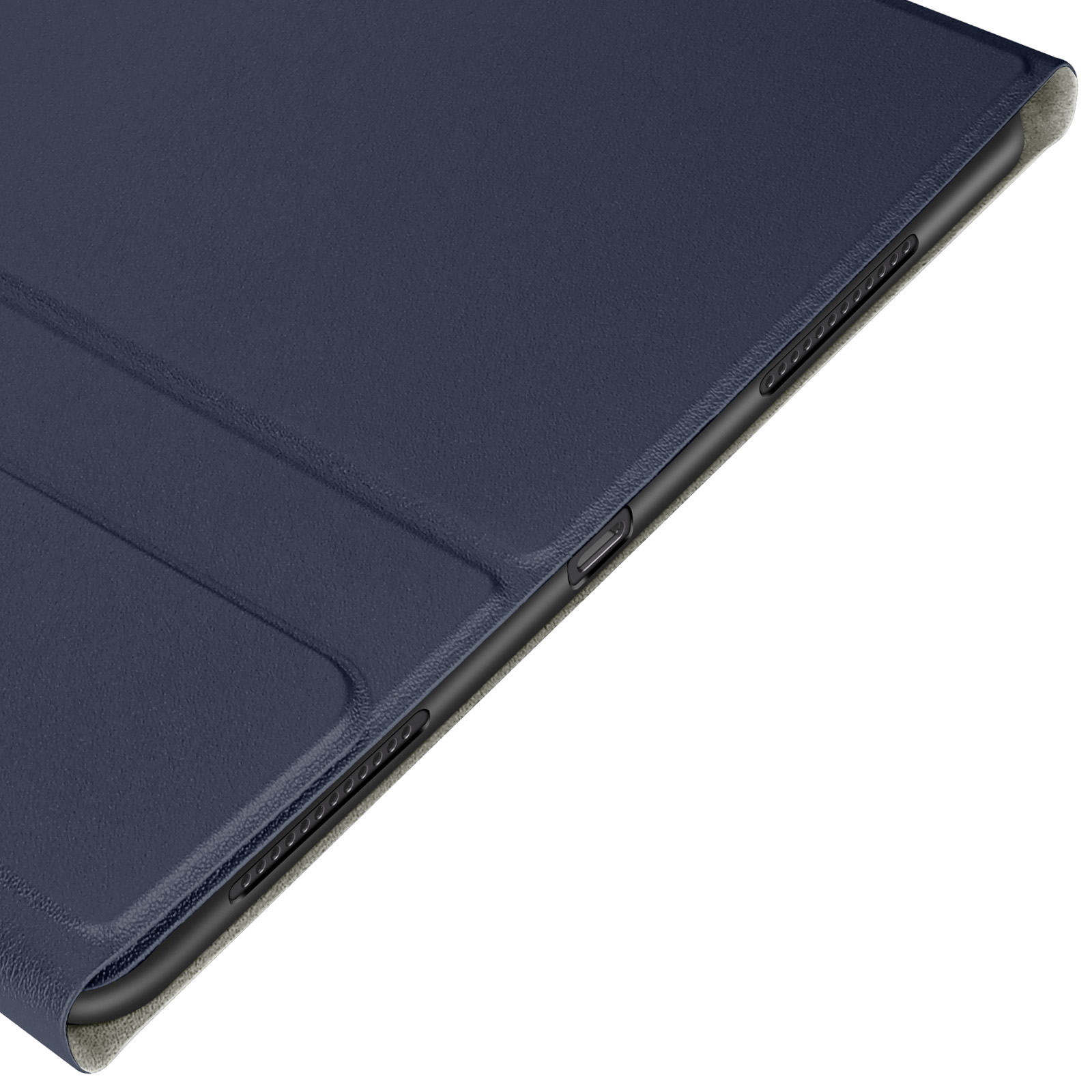 Nahaufnahme der dunkelblauen Tablethülle mit sichtbaren Kanten, Anschlüssen und Textur.