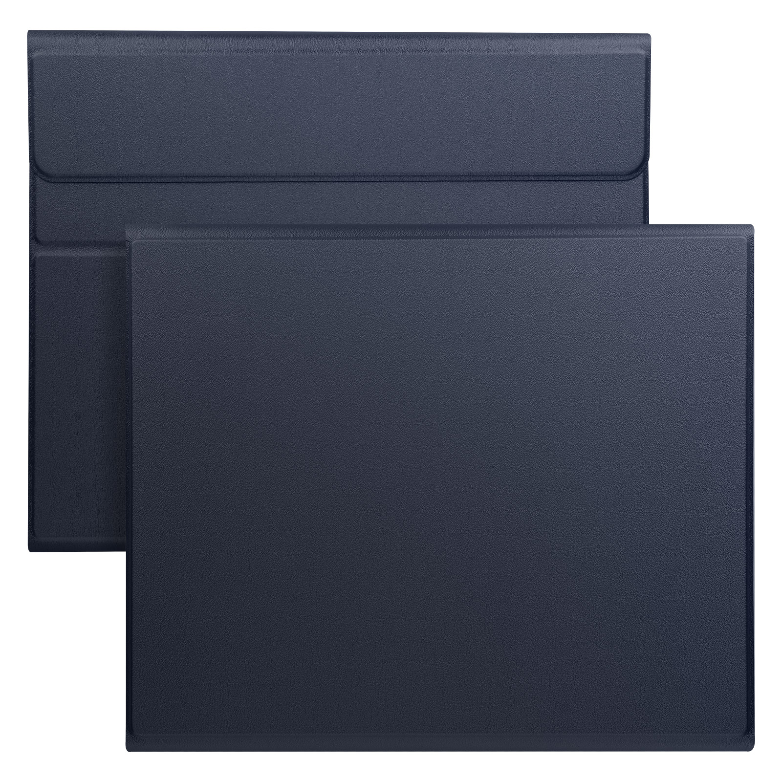 Dunkelblaue Tablet-Hülle mit zwei Deckeln, einer offen, die innere Textur zeigend.