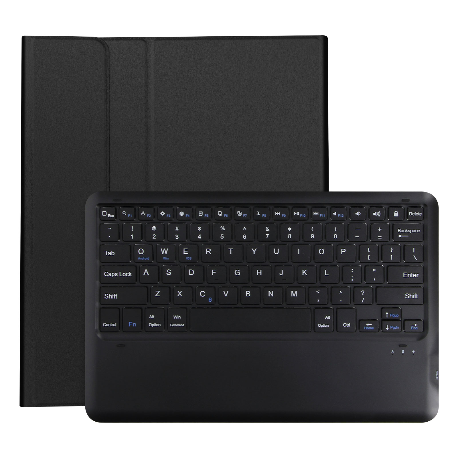 Tastiera per tablet nera con custodia nera, su sfondo bianco.