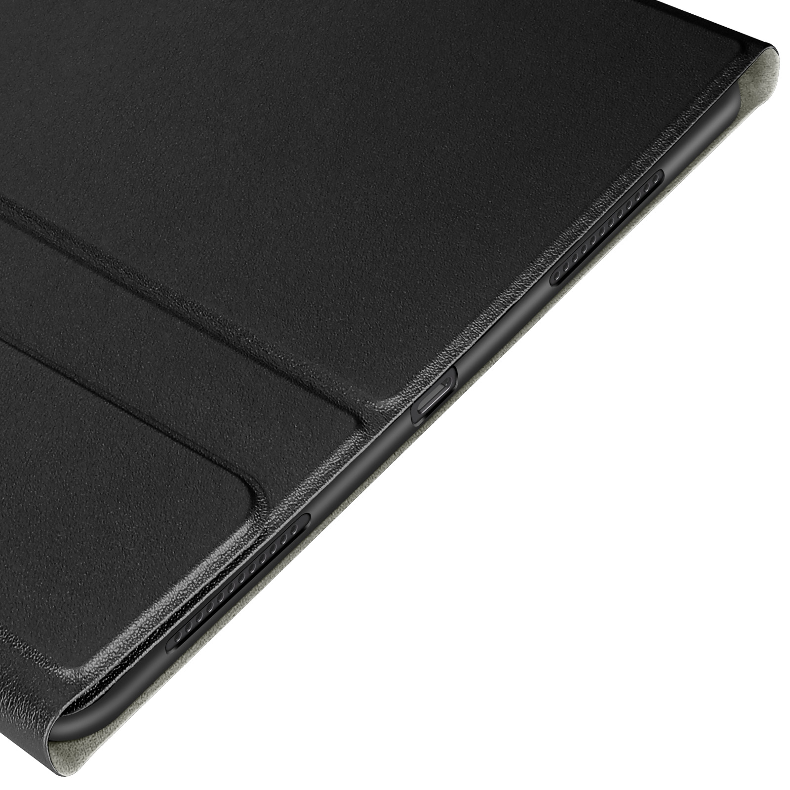 Primo piano di una custodia per tablet nera che mostra la trama e i dettagli laterali.
