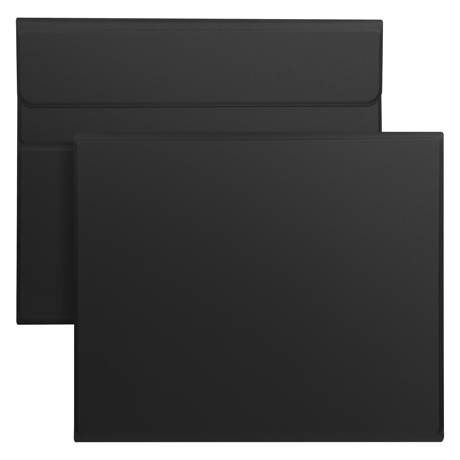Custodia per tablet nera, che mostra la vista frontale e aperta della copertura.