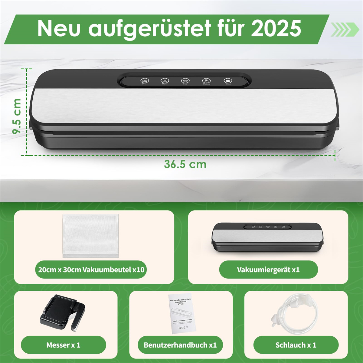 Vakuumiergerät mit Abmessungen und Zubehör. Text zeigt 