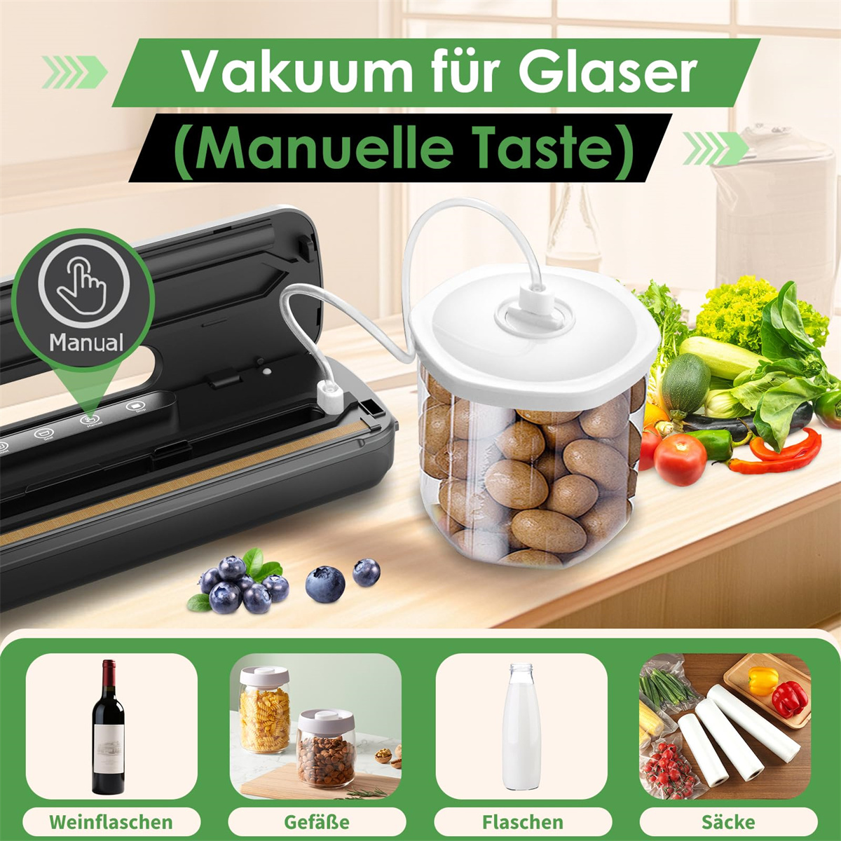 Vakuumiergerät mit Gläsern, Flaschen und Beuteln. Text zeigt Vakuum für Glasbehälter.