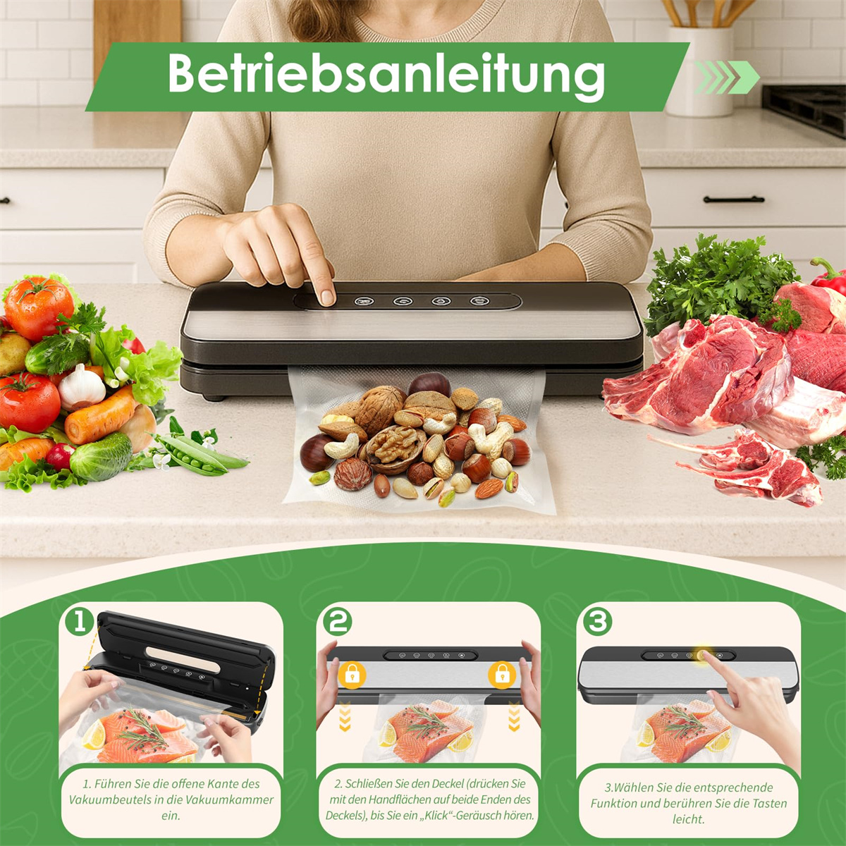 Frau benutzt Vakuumiergerät. Schritte: Lebensmittel einlegen, versiegeln und Funktion wählen. Essen und Nüsse.