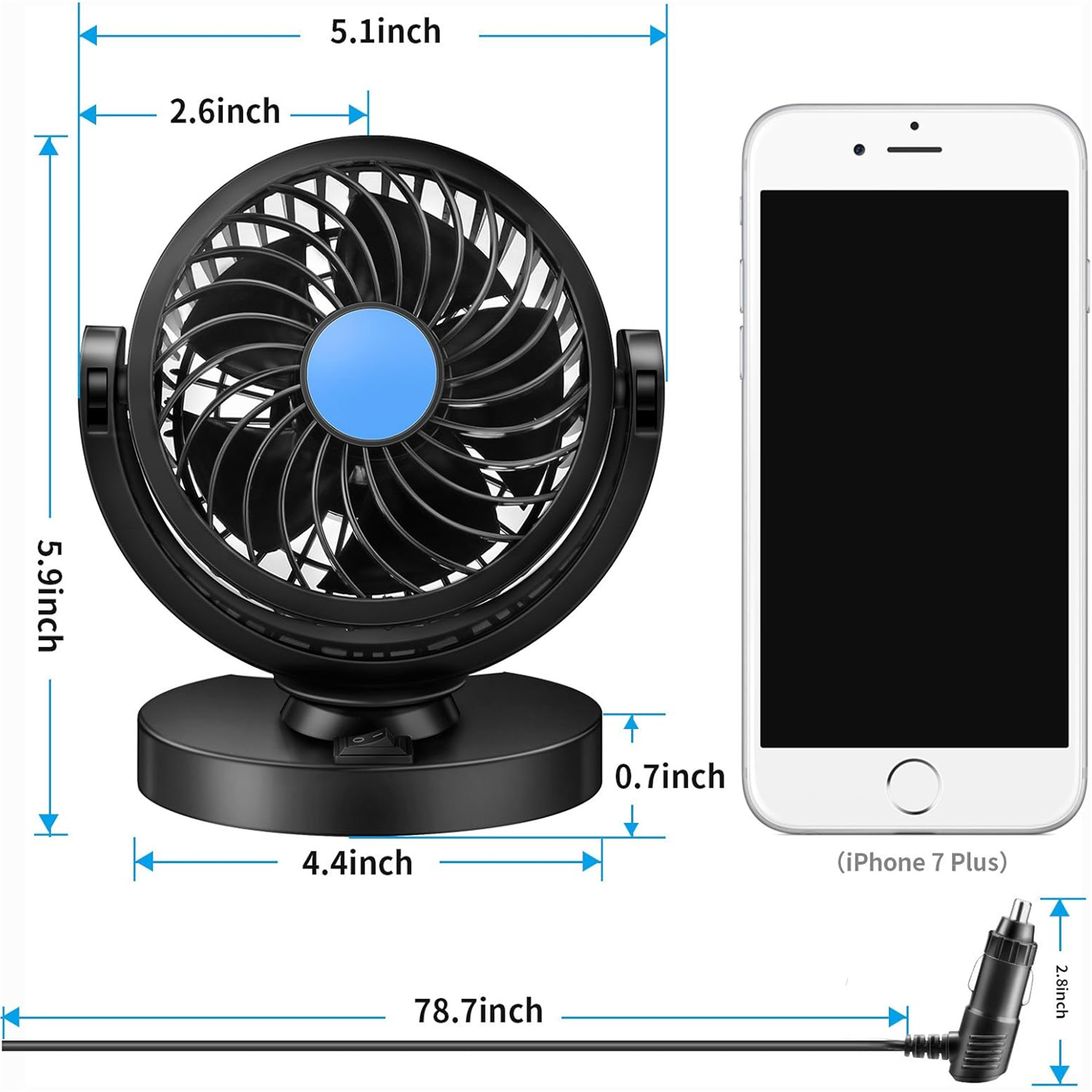 Schwarzer Ventilator mit blauem Zentrum neben einem weißen iPhone 7 Plus. Abmessungen des Ventilators werden gezeigt.